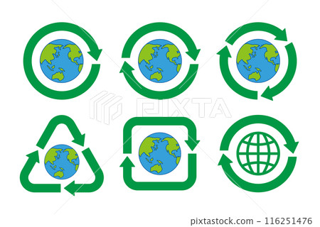 A set of icons of recycling symbols with green arrows of various shapes centered on a blue line drawing globe 116251476