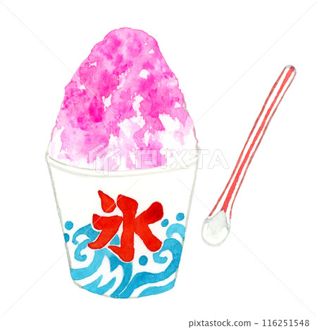 夏季節慶刨冰（草莓糖漿）烹飪和食物手繪水彩插畫素材 116251548