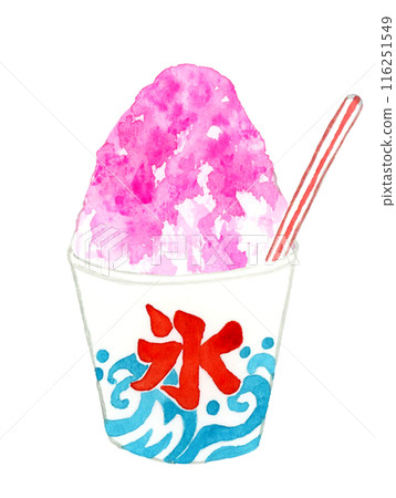 夏季節慶刨冰（草莓糖漿）烹飪和食物手繪水彩插畫素材 116251549