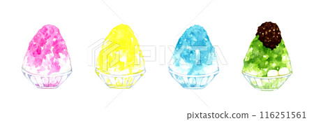 Set of 4 types of shaved ice - A collection of hand-drawn watercolor illustrations of cuisine and food Set of 4 types of shaved ice - A collection of hand-drawn watercolor illustrations of cuisine and food 116251561