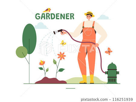 Gardener Vector Illustration with Garden Tools, Farming, and Growing Vegetables in a Botanical Summer Gardening Flat Style Cartoon Background 116251939