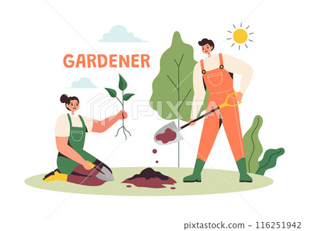 Gardener Vector Illustration with Garden Tools, Farming, and Growing Vegetables in a Botanical Summer Gardening Flat Style Cartoon Background 116251942