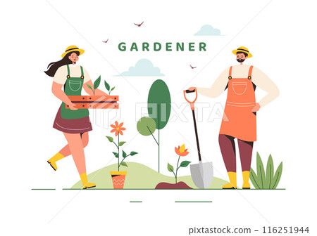 Gardener Vector Illustration with Garden Tools, Farming, and Growing Vegetables in a Botanical Summer Gardening Flat Style Cartoon Background Gardener Vector Illustration with Garden Tools, Farming, and Growing Vegetables in a Botanical Summer Gardening Flat Style Cartoon Background 116251944