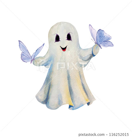 Ghost in a sheet, blue butterflies, watercolor. Vector illustration. Halloween greeting cards, invitations, large banners, posters, covers, flyers. Ghost in a sheet, blue butterflies, watercolor. Vector illustration. Halloween greeting cards, invitations, large banners, posters, covers, flyers. 116252015