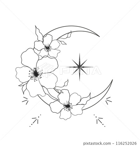Elegant thin line moon flower contour tattoo, floral spiritual mystic element, Esoteric boho magic illustration, Line, leaves and dors decoration Elegant thin line moon flower contour tattoo, floral spiritual mystic element, Esoteric boho magic illustration, Line, leaves and dors decoration 116252026