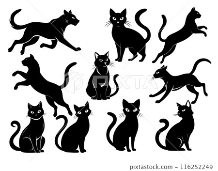 Set of black cat silhouettes isolated on white background. Vector illustration. Set of black cat silhouettes isolated on white background. Vector illustration. 116252249