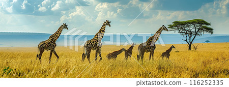 AI-generated item. Giraffes in the wild. Panoramic view. 116252335