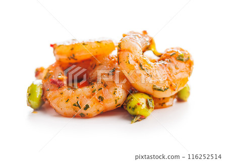 Fresh salad with shrimps and edamame soybeans isolated on white background. Fresh salad with shrimps and edamame soybeans isolated on white background. 116252514