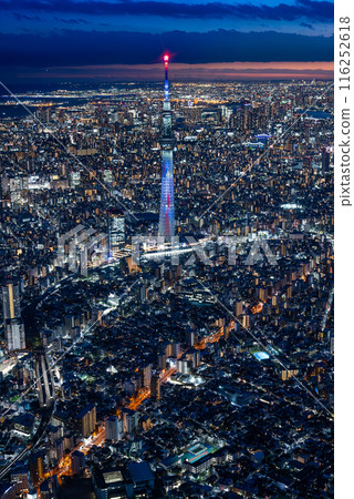 Twilight time in Tokyo seen from the sky with the Skytree in view Twilight time in Tokyo seen from the sky with the Skytree in view 116252618
