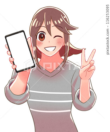 Illustration of a girl making a peace sign while holding a smartphone 116253095
