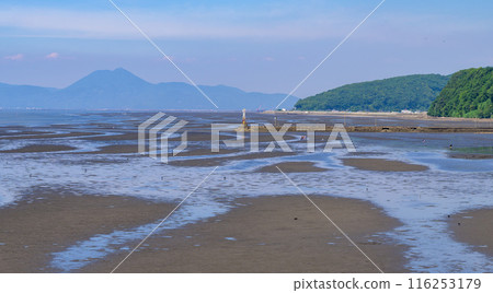 The Ariake Sea and tidal flats under a clear blue sky. A view from Uto Marina Lawn Park, "Uto Marina Okoshikikan" 116253179