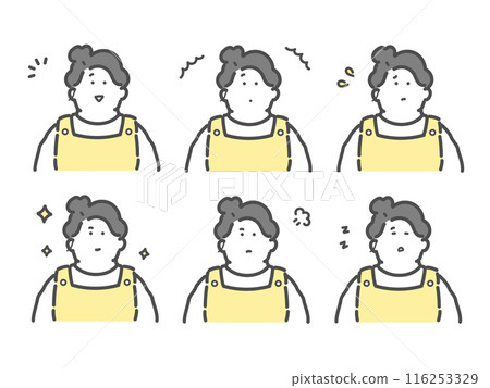 Set of illustrations of a woman wearing an apron with various facial expressions 116253329