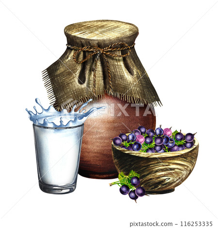 Black currant and milk. Currant yogurt. Still life in a rustic style with a jug, a wooden bowl and a glass. Handmade watercolor illustration. Isolate her. For packages and labels. For banner, stickers 116253335