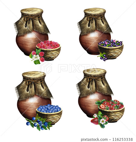 A set with berries in wooden bowls and clay jugs. Strawberries, raspberries, blueberries, currants. Handmade watercolor illustrations. Isolates. For packages, labels and flyers. For banners, stickers. 116253338