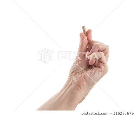 Mid aged female hold beige pills isolated on white Mid aged female hold beige pills isolated on white 116253679