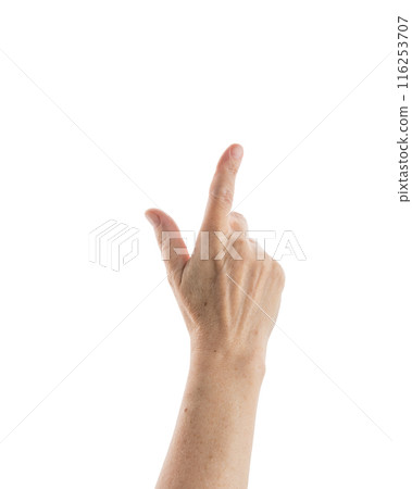 Mid aged woman hand touch screen gesture isolated on white background Mid aged woman hand touch screen gesture isolated on white background 116253707
