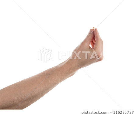 Male hand hold transparent pill isolated on white Male hand hold transparent pill isolated on white 116253757
