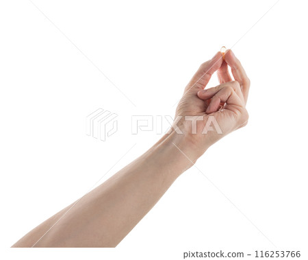 Male hand hold transparent pill isolated on white Male hand hold transparent pill isolated on white 116253766