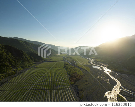 Aerial view of farmland in the Mountain Valley during sunrise. Yilan, Taiwan. 116253915