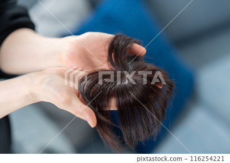 戴假髮的婦女手頭的頭髮護理 116254221