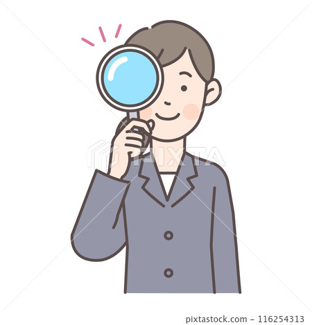 Upper body illustration of a woman in a suit holding a magnifying glass Upper body illustration of a woman in a suit holding a magnifying glass 116254313
