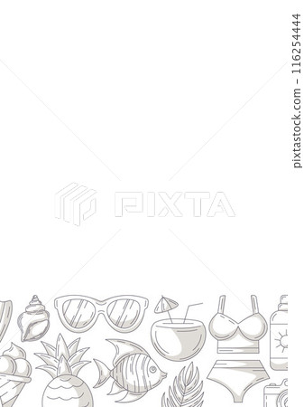 Summer vertical a4 poster, beach elements and accessories icons, minimalist monochrome gray. Bottom border frame, copy space, isolated on white. For card, flyer, banner, invitation, social media 116254444