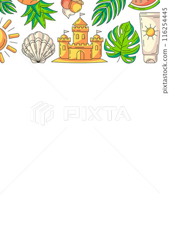 Summer vertical a4 poster, beach elements and accessories icons. Upper border frame, copy space, isolated on white. Sand castle, seashell, sunscreen. For card, flyer, banner, invitation, social media 116254445