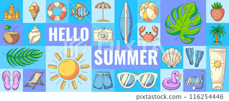 Geometric modern horizontal banner with summer beach colorful icons. Hello summer. Minimal abstract layout for poster, flyer, cover, brochure, party. Vector background, summertime fun concept 116254446