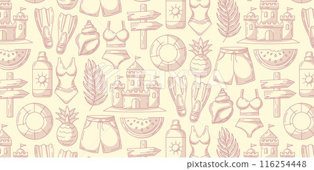 Minimalist monochrome summer seamless pattern with beach elements. Swimsuit, sand castle, pineapple and watermelon, sunscreen, seashell, flippers, lifebuoy. For cover, wrapping paper, textile print Minimalist monochrome summer seamless pattern with beach elements. Swimsuit, sand castle, pineapple and watermelon, sunscreen, seashell, flippers, lifebuoy. For cover, wrapping paper, textile print 116254448