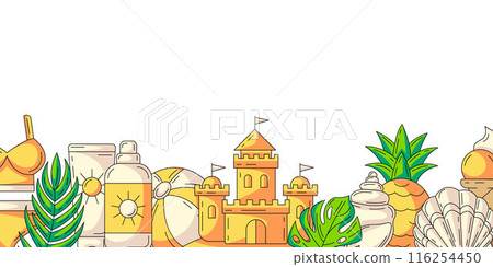 Summer colorful horizontal banner, beach accessories elements. Bottom border frame, copy space. Summertime, holiday and vacation. For poster, flyer, card, invitation, social media, postcard 116254450