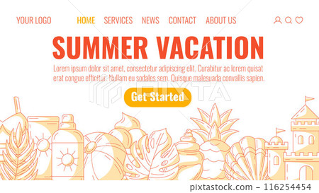 Summer beach elements and accessories, monochrome orange minimalist style. Sunscreen, inflatable ball, seashell, pineapple, sand castle. Landing page vector template for website, web, online, banner Summer beach elements and accessories, monochrome orange minimalist style. Sunscreen, inflatable ball, seashell, pineapple, sand castle. Landing page vector template for website, web, online, banner 116254454