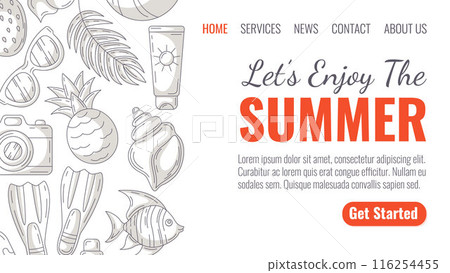 Summer beach elements and accessories, monochrome minimalist style. Sunglasses, pineapple, camera, flippers, seashell and sunscreen, fish. Landing page vector template for website, web, online, banner Summer beach elements and accessories, monochrome minimalist style. Sunglasses, pineapple, camera, flippers, seashell and sunscreen, fish. Landing page vector template for website, web, online, banner 116254455