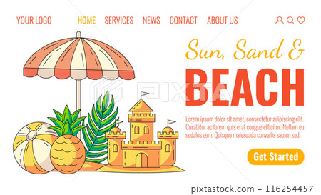 Summer beach elements and accessories under an umbrella. Inflatable ball, pineapple, sand castle, tropical leaf. Landing page vector template for website, web, online, banner, travel agency, tourism Summer beach elements and accessories under an umbrella. Inflatable ball, pineapple, sand castle, tropical leaf. Landing page vector template for website, web, online, banner, travel agency, tourism 116254457