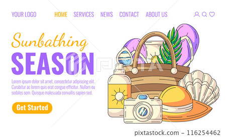 Sunbathing season. Summer elements and accessories for beach holidays. Sunscreen, sunglasses, flip flops in bag, camera, hat and seashell. Landing page vector template for website, web, online, banner Sunbathing season. Summer elements and accessories for beach holidays. Sunscreen, sunglasses, flip flops in bag, camera, hat and seashell. Landing page vector template for website, web, online, banner 116254462