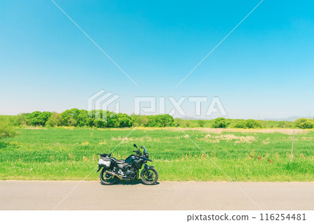 Summer blue sky, wide grassland and bike Summer blue sky, wide grassland and bike 116254481
