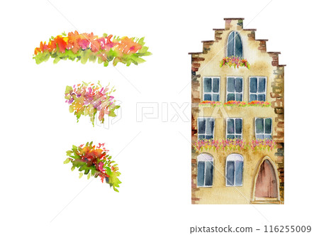Old European city town street houses, urban exterior facades with floral balcony. Historical cityscape building. Watercolor hand drawn illustration. For tourist shops, souvenirs, travel brochures. 116255009