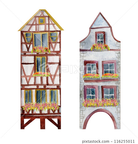 Old European city town street houses, timber fachwerk facades with floral balcony. Historical cityscape building. Watercolor hand drawn illustration. For tourist shops, souvenirs, travel brochures Old European city town street houses, timber fachwerk facades with floral balcony. Historical cityscape building. Watercolor hand drawn illustration. For tourist shops, souvenirs, travel brochures 116255011