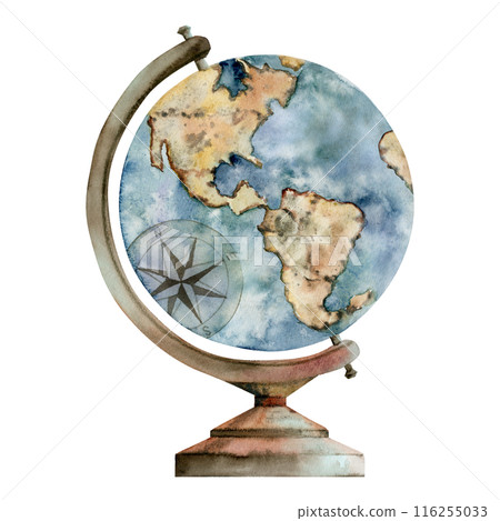 Old vintage globe with world map for navigation, orientation. Americas view. Watercolor hand drawn art of isolated object. Design for tourism, travel, brochure, wedding, guide, print, card, tattoo. Old vintage globe with world map for navigation, orientation. Americas view. Watercolor hand drawn art of isolated object. Design for tourism, travel, brochure, wedding, guide, print, card, tattoo. 116255033