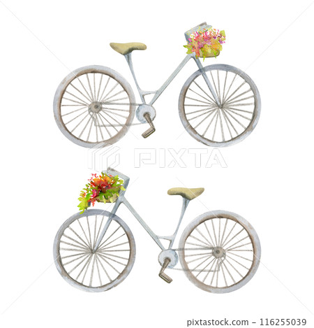 Old European city town street space, parked bicycle with flower basket, eco vehicle romantic floral. Watercolor hand drawn illustration. For tourist shops, souvenirs, travel brochures, wedding planner 116255039