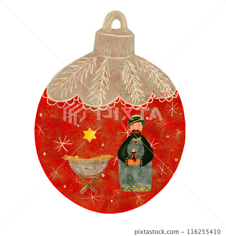 Christmas red tree ball with nativity scene, magi isolated on white in watercolor. Illustration for textile, wrapping paper, cards, Christmas, new year, invitations, stickers, posters, totes design Christmas red tree ball with nativity scene, magi isolated on white in watercolor. Illustration for textile, wrapping paper, cards, Christmas, new year, invitations, stickers, posters, totes design 116255410