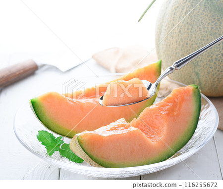 Yubari melon on a transparent plate (white background) Yubari melon on a transparent plate (white background) 116255672
