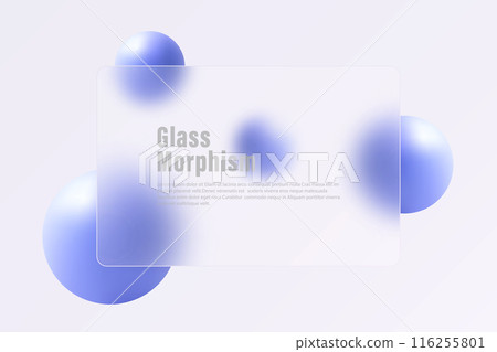 Glass morphism website landing page template. Frosted glass partition with floating blue spheres. Glass morphism website landing page template. Frosted glass partition with floating blue spheres. 116255801
