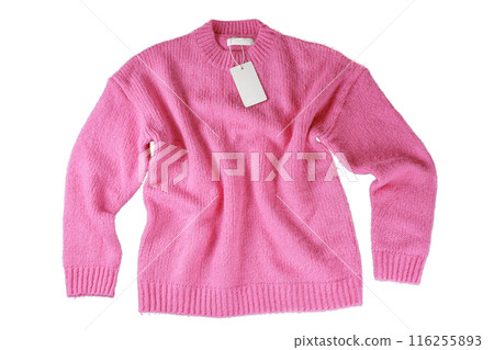 Pink flying crumpled women autumn knitted sweater with label tag isolated on white background 116255893