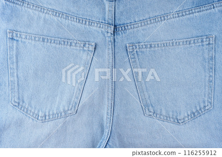 Back side of blue jeans pants, two back pockets close up Back side of blue jeans pants, two back pockets close up 116255912