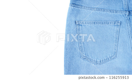 Back side pocket on blue jeans pants close up, isolated on white background 116255913