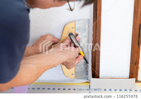 A craftsman replacing wallpaper on a house 116255978