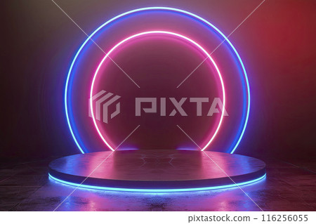 AI-generated item. 3d neon round podium, pedestal or platform for product presentation. 116256055