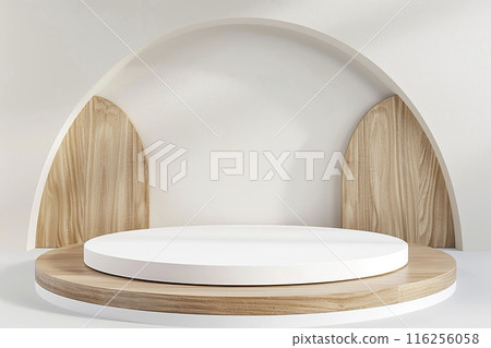AI-generated item. 3d white round podium for product presentation in minimal style with arch. 116256058