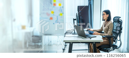 Asian prompt engineer develop coding app with software data sitting in front of computer monitor at office 116256065