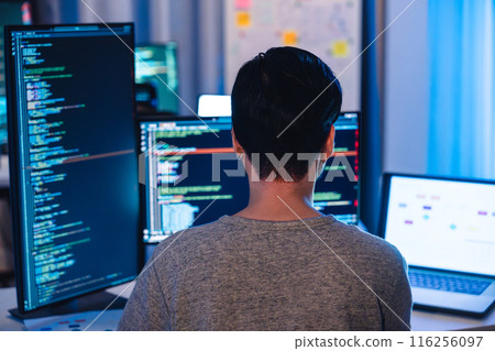 Indian software development working on coding computer screen and flowchart at night in modern office Indian software development working on coding computer screen and flowchart at night in modern office 116256097